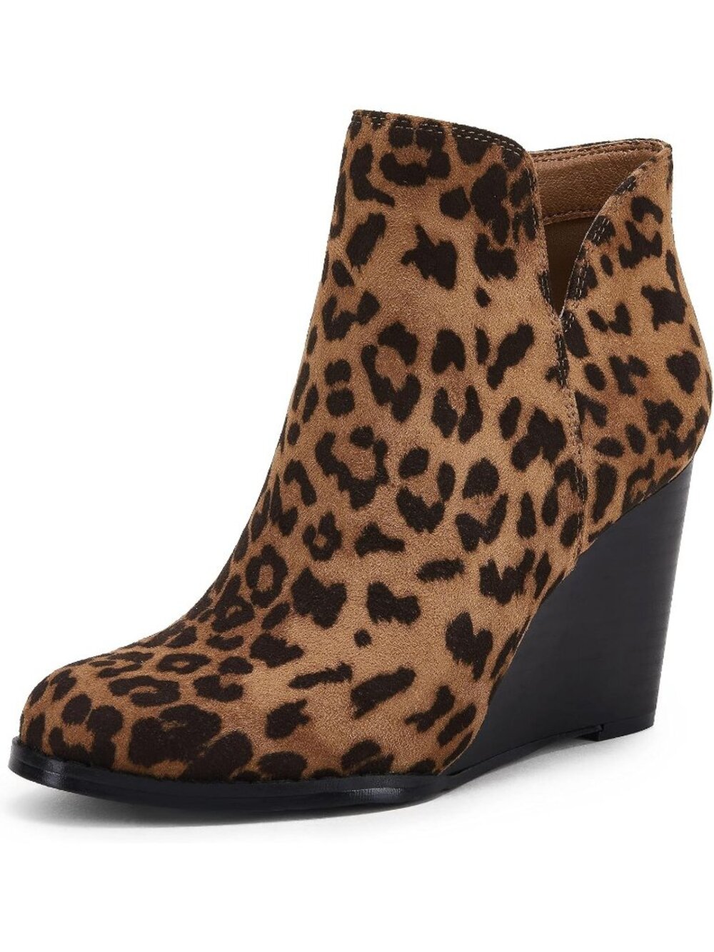 Women's Leopard Faux Suede Zip-up Closed Toe Stacked V Cut Wedge Ankle Booties